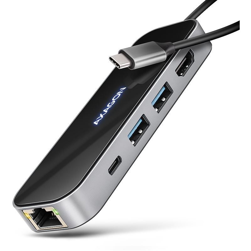 AXAGON HMC-6GLN USB-Hub, 2x USB-A, 1x USB-C, 1x HDMI 2.0, 1x RJ45, 100 W PD silber
