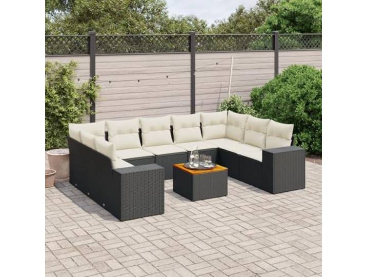 10 tlg. Modularer Gartensitzgarnitur aus schwarzem Rattan PE, mit Kissen und Tischplatte aus Akazienholz , Abstellfach