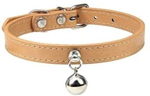 Uplift Essentials Colorful Adjustable Leather Pet Collar With Metallic Safety Bell khaki s