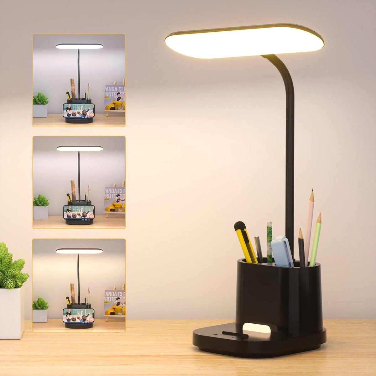 Dimbare LED bureaulamp met penhouder en telefoonhouder - USB oplaadbaar - Wit