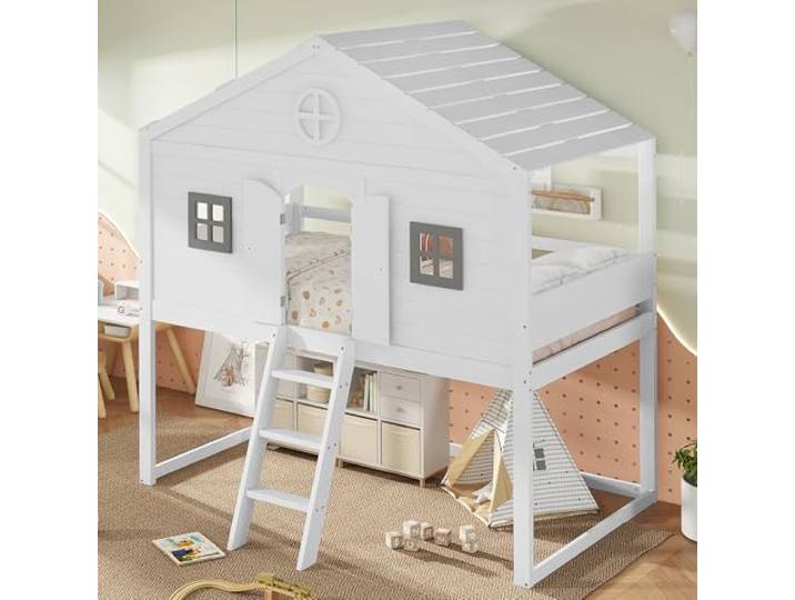 Merax Hochbett 90x200cm, Kinderbett Etagenbett mit Sicherheitsleiter, Rausfallschutz & Lattenrost, Hausbett mit Dach & Fenster, Platzsparendes Stockbett Jugendhochbett, Unterhaltungsbereich, Weiß