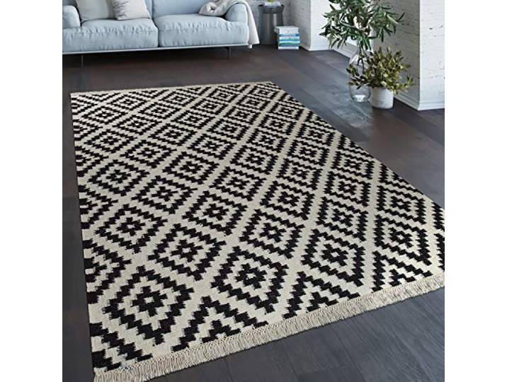 Paco Home Teppich Modern Marokkanische Muster Handgewebt Skandi Rauten Fransen Schwarz Weiß, Grösse:120x170 cm