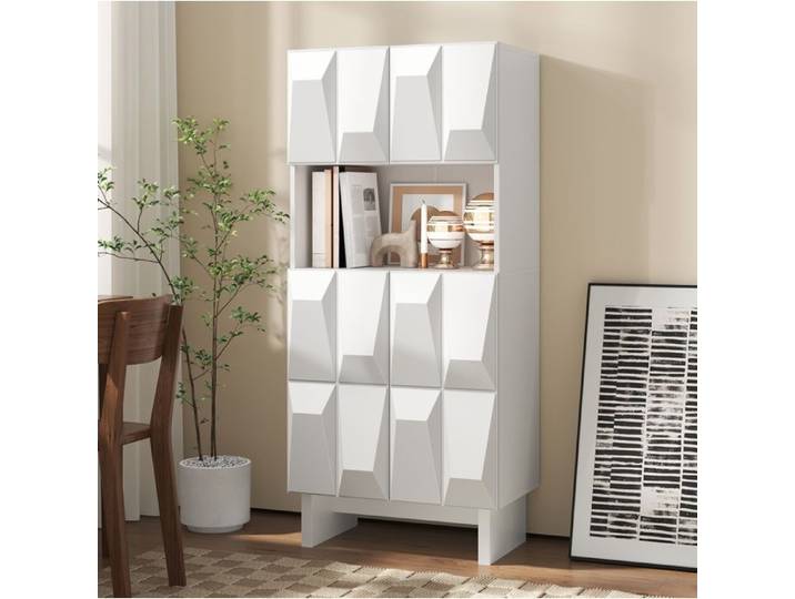 COVREO Vitrine haute blanche 4 portes avec compartiment ouvert et étagère réglable