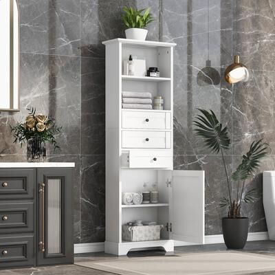 TOSWIN White Tall Storage Cabinet with 3 Drawers & Adjustable Shelves for Bathroom or Office