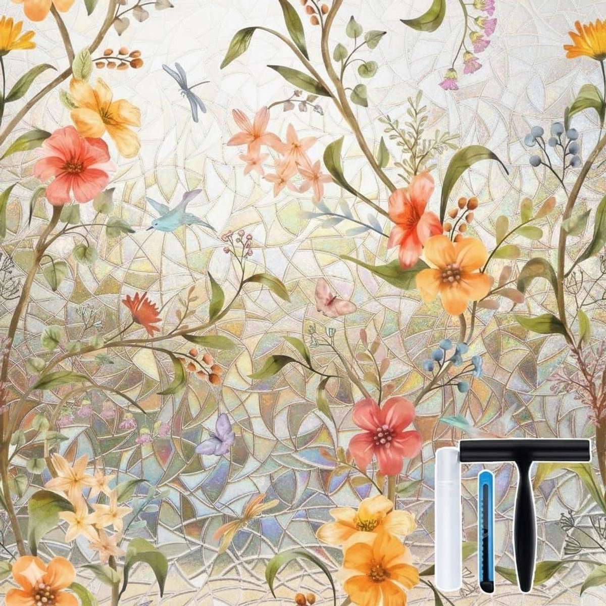 Decoratieve Raamfolie Regenboog Bloem - Lijmvrije Privacy Sticker - 44,5 x 200 cm