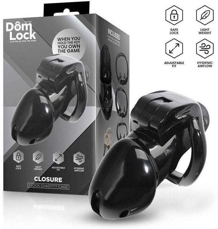 DOMLOCK Cage pour pénis avec cadenas interne et anneaux ajustables