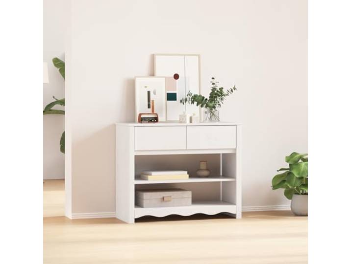 Konsolentisch DRAMMEN Weiß 89,5x37x73 cm Massivholz Kiefer mit Zwei großen Schubladen – Schlanker rechteckiger Tisch mit glatter weißer Oberfläche für modernes Wohnambiente,