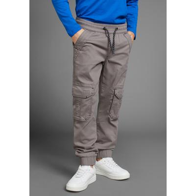 Cargohose KIDSWORLD "bequeme Schlupfform mit Stretch", Jungen, Gr. 158, N-Gr, grau, Web, Obermaterial: 98% Baumwolle, 2% Elasthan, unifarben, Basic, regular fit lang, Hosen Cargohose, Praktische Cargotaschen, bequeme Passform