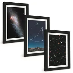 BILDER SET 3er Set - 20x30 cm Schwarzer Rahmen - Galaxie im Sternbild Steinbock