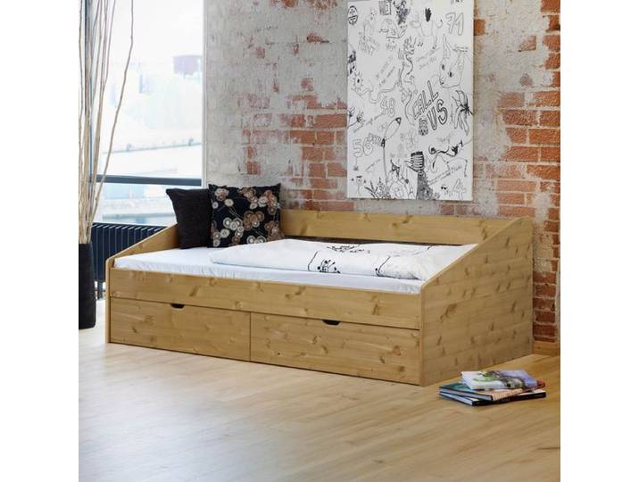 Bett Dänemark Komfort Kiefer/Kernbuche Massivholz mit Schubkasten 90x200 cm 90x200cm Kiefer Mit Kopfteil
