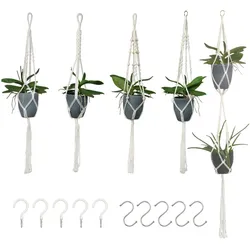 Intirilife 5x Makramee Blumenampel in Weiß mit Aufhängung - Länge 145 / 104 / 100 cm - Pflanzenaufhänger Blumentopf mit passenden Haken zum Aufhängen
