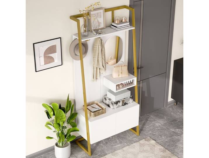 Armoire multifonctionnelle - Design tout-en-un - Miroir intégré - Crochets métalliques - Banc range-chaussures