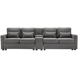 Merax 4-Sitzer-Extra großes Sofa aus Leinenstoff, mit Armlehnentaschen und 4 Kissen, für Wohnzimmer, Wohnung, Büro,  Dunkelgrau