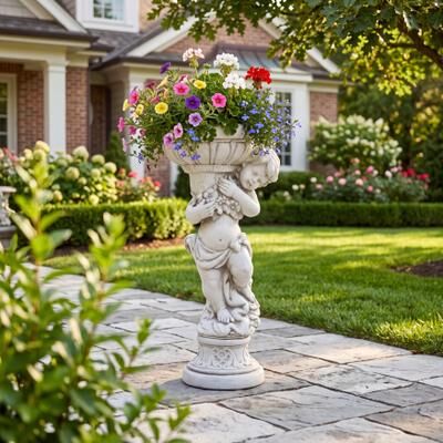 Christopher Knight Home - AngelOutdoor/Indoor Pedestal Column Plant Stand with Cherub MGO Design and Raised Basin