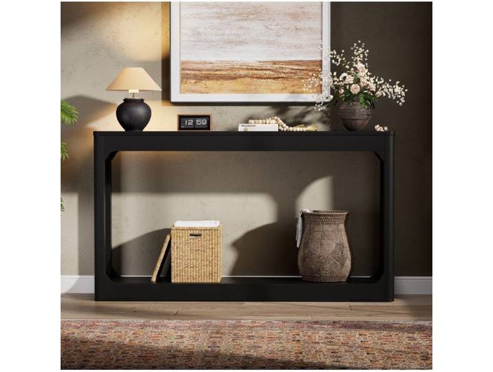 ROVRYN Table console 140 cm noire double niveau avec rangement ouvert en MDF