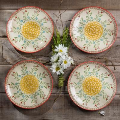 "Euro Ceramica Ella 4 Piece 8"" Hand-Painted Stoneware Salad Plate Set - 8.07 in. x 8.07 in. x 0.99 in."
