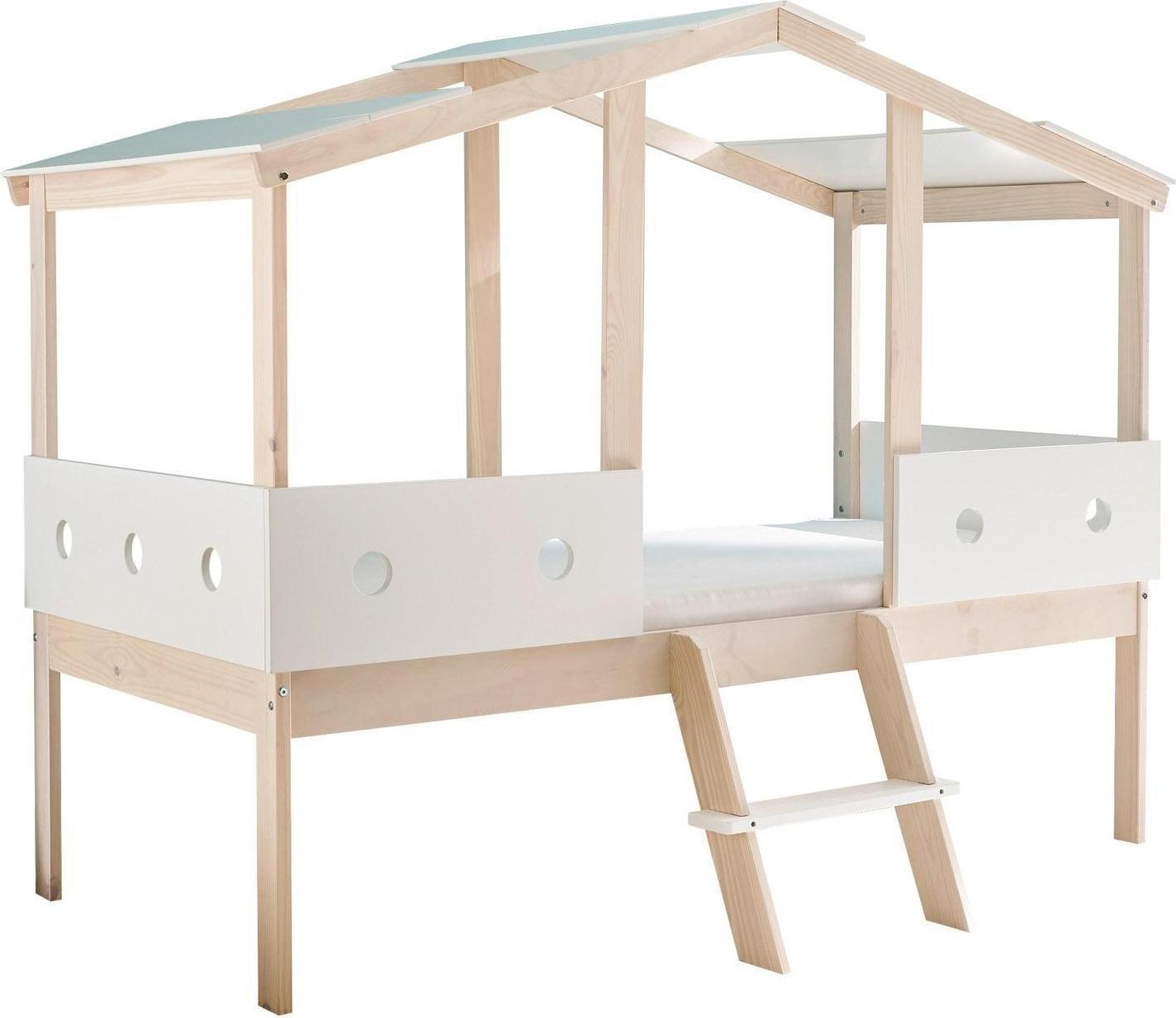 Hausbett - 90 x 200 cm - Braun - Weiß - Kiefernholz massiv - mit Überdachung