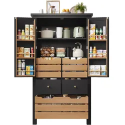 OKWISH Küchenschrank Sideboard 80x40x140 cm Schwarz mit 2 Türen 5 Schubladen 2 Einlegeböden Kippschutz Magnetverschluss MDF Metall