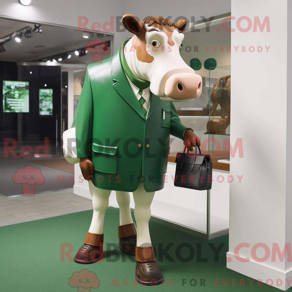 Maskottchen REDBROKOLY einer waldgrünen Guernsey-Kuh mit Anzug und Handtasche