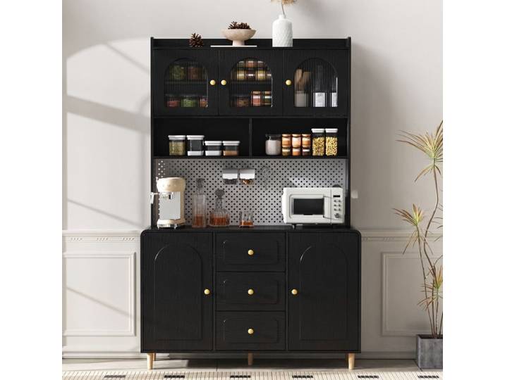 Buffet de cuisine haut EVRYAE 120 x 40 x 190 cm 3 tiroirs portes vitrées panneau perforé noir