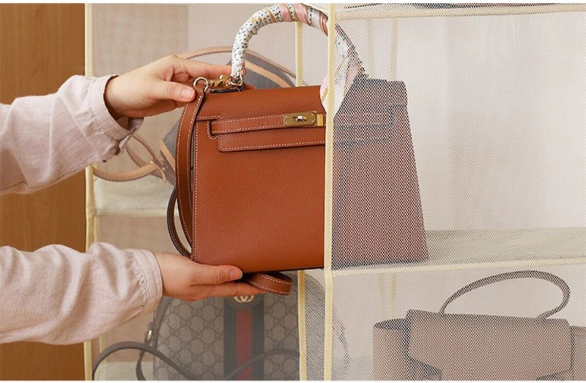 INF Vierstöckiger Hänge-Organizer für Taschen mit Sichtnetz und Metallhaken Beige