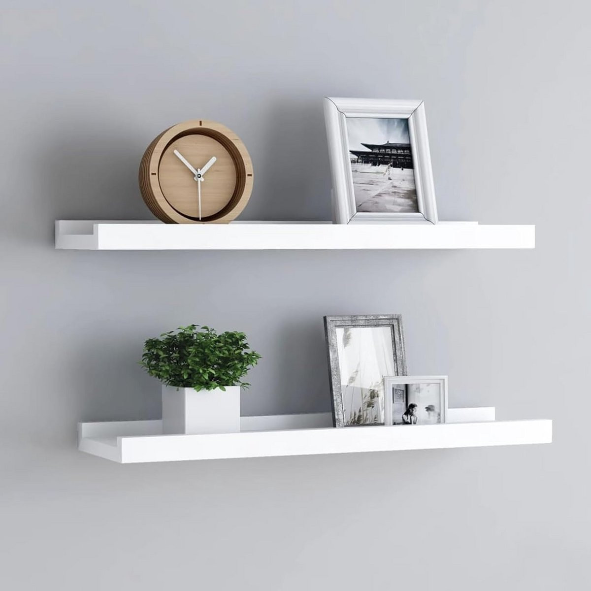 Set van 2 witte zwevende wandplanken voor decoratie en fotolijsten