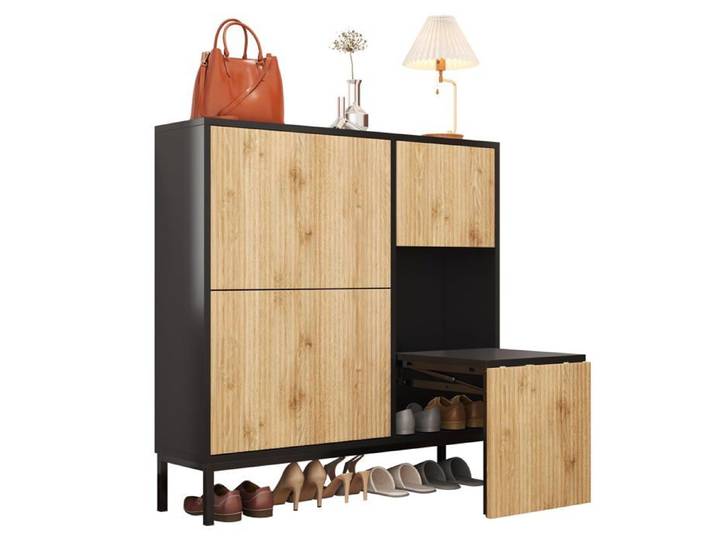 Meuble à chaussures Logidon en MDF naturel noir avec tabouret à langer