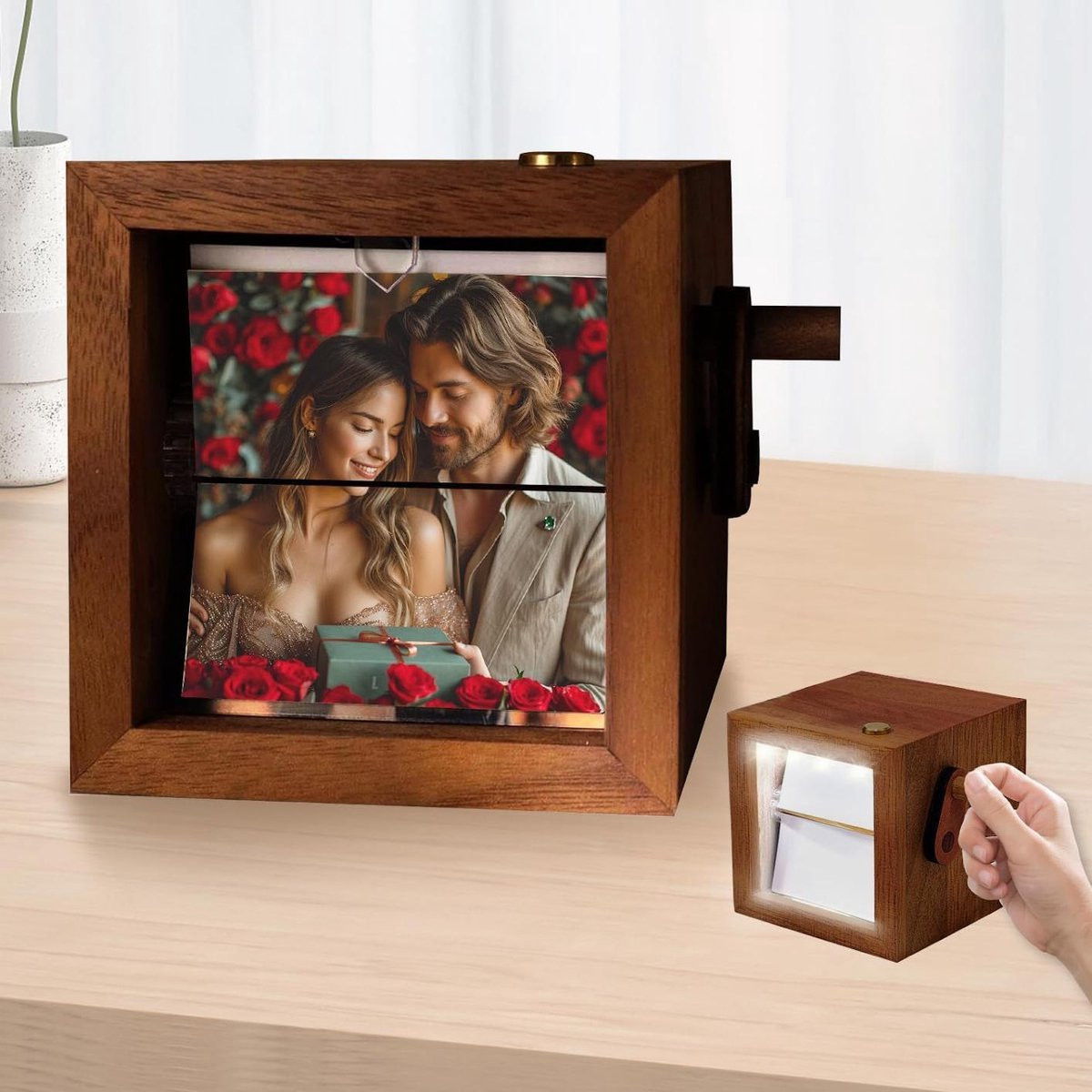 Longziming Houten Foto Animatie Frame met Verlichting voor 8 Foto's