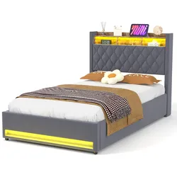 STILVORA Multifunktionales Bettgestell 140x190 mit LED-Beleuchtung, USB-Anschlüssen, Stauraum und stabilem Metallrahmen–Modernes Design für Paare in Dunkelgrau