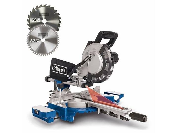 Scheppach Scie à onglets HM216 Lame de scie Ø 216mm 2000W Laser & LED Table tournante avec serrage rapide 2 lames de scie incl. butées d'angle\, rallonges latérales