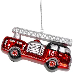 Christbaumschmuck Glas 10,5cm Feuerwehrauto Figur Weihnachtsbaum Anhänger Weihnachten Christbaumanhänger Weihnachtsbaumschmuck Rot Silber