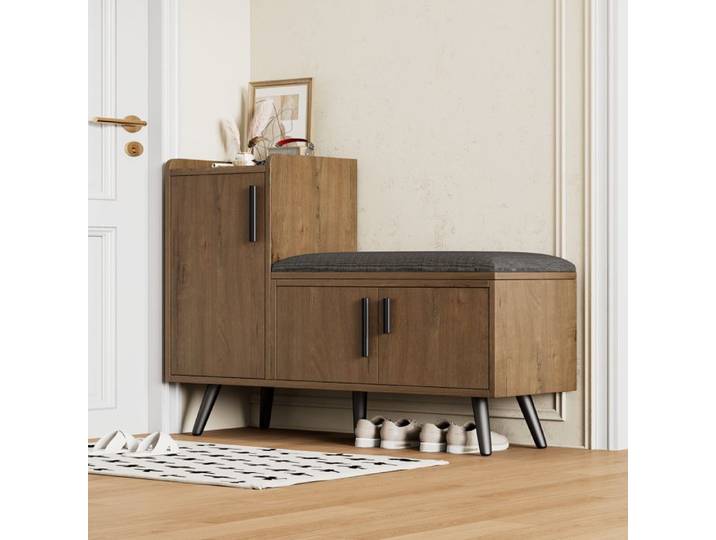 Armoire à chaussures / Banc de rangement à trois portes avec poignées métalliques asymétriques et plusieurs niveaux de rangement