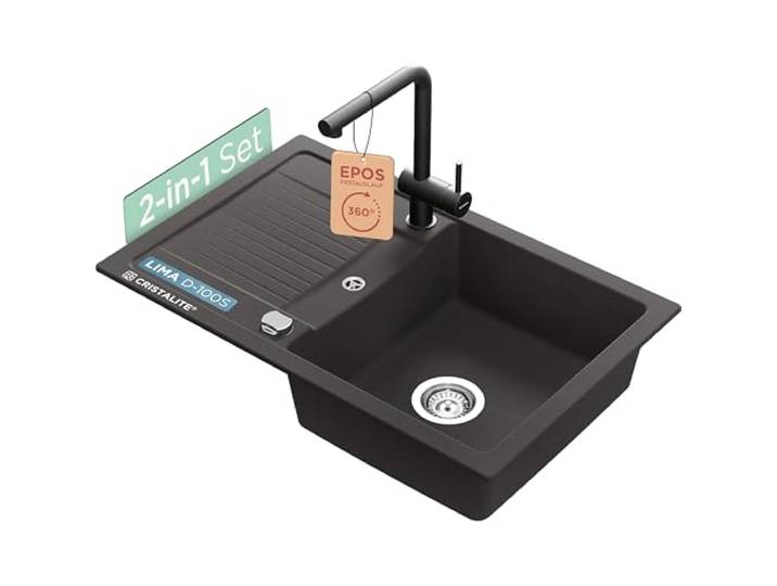 SCHOCK Set schwarz aus Spüle Lima D-100S Nero 78x50 cm und Küchenarmatur Epos Festauslauf Puro – Pflegeleichte, robuste Quarzkomposit-Oberfläche
