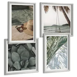 BILDER SET 4er Set - 50x50 cm & 40x60 cm Silberner Rahmen - Tropische Pflanzen für den Urlaub