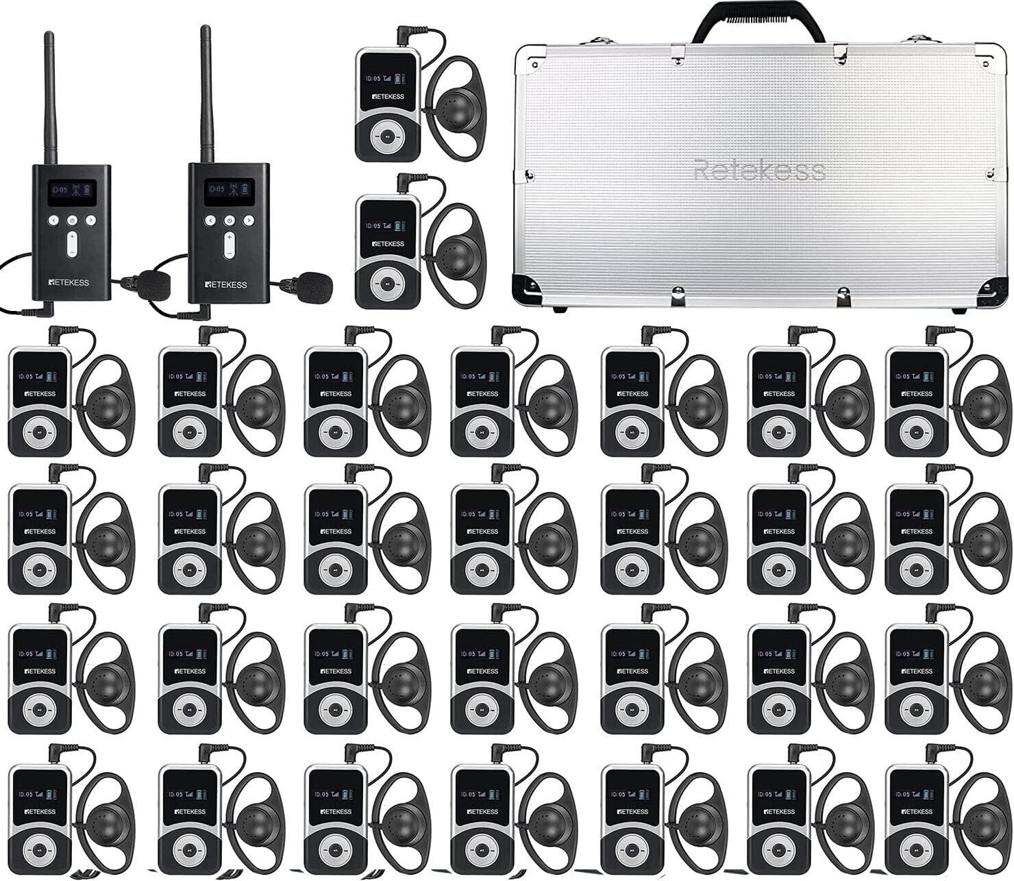Retekess T130S Wireless Tour Guide System,Personenführungsanlage mit 100M, Reiseführungssystem, mit Tragbarer Ladebox mit 32 Steckplätzen