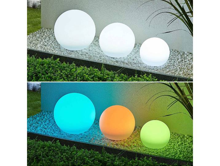 Lindby LED-Solarlampen Lago, RGBW, 3er-Set, Kugellampen, Erdspieß Lago, weiß / opal, Kunststoff, Modern, Kugellampe