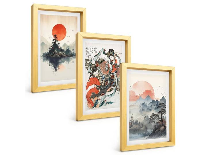 BILDER SET 3er Set - 20x30 cm Goldrahmen - Asiatische Japandi-Malereien