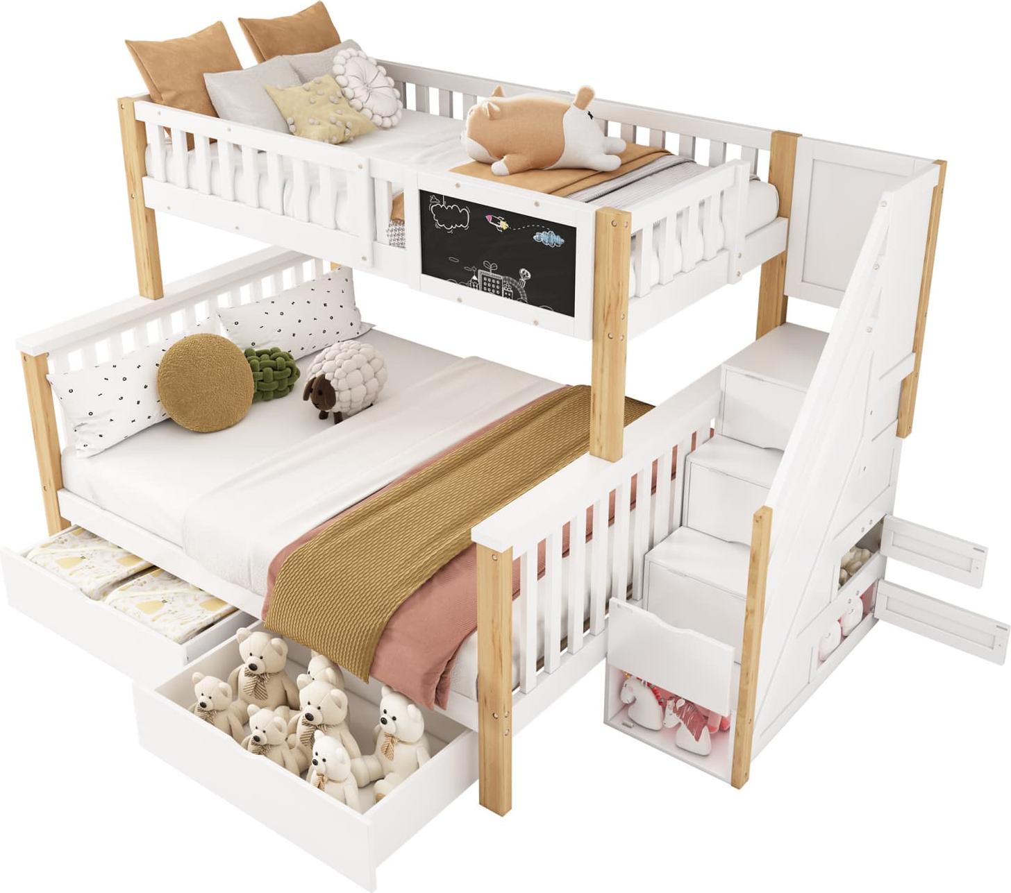 Kinder-Etagenbett,Doppelbett(natur)multifunktionales Kinderbett(90*200+140*200cm)mit Tafel und Schubladen, ohne Matratze, weiß+helle Eiche
