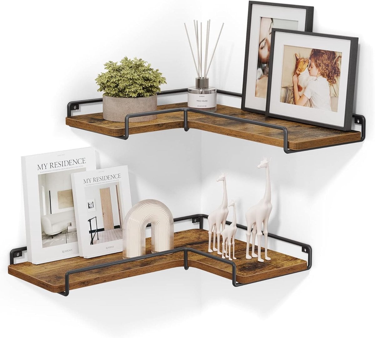 L-vormige Hoekplank Set voor Woonkamer en Slaapkamer - Verstelbare Zijkanten - Vintage Bruin Zwart