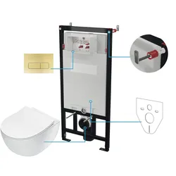 Neuesbad neu Wand-WC spülrandlos + WC-Sitz + Vorwandelement + Betätigungsplatte, Gold gebürstet NB1DECDER6ZPW1