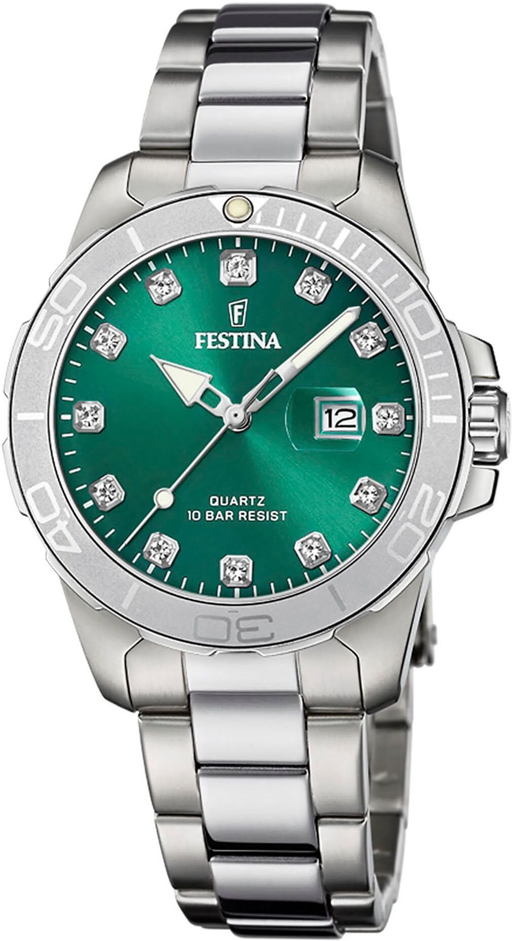 Quarzuhr FESTINA "Boyfriend Collection", silber (silberfarben, grün, grün), Armbanduhren, Damen, silberfarben, Quarzuhr, Armbanduhr, Damenuhr, Edelstahlarmband, bis 10 bar wasserdicht, Datum