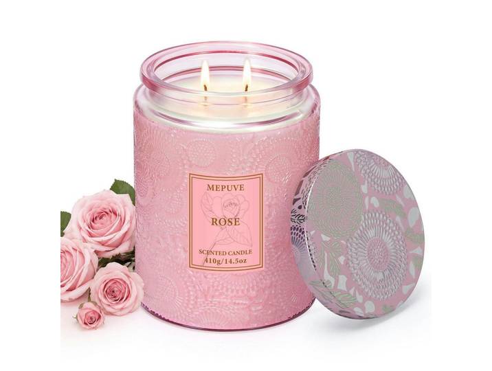 Duftkerze Rose Sojawachs 410 g bis zu 100 Std., Rosa, Paraffin, 12 cm, Dekoration, Kerzen & Kerzenhalter, Duftkerzen