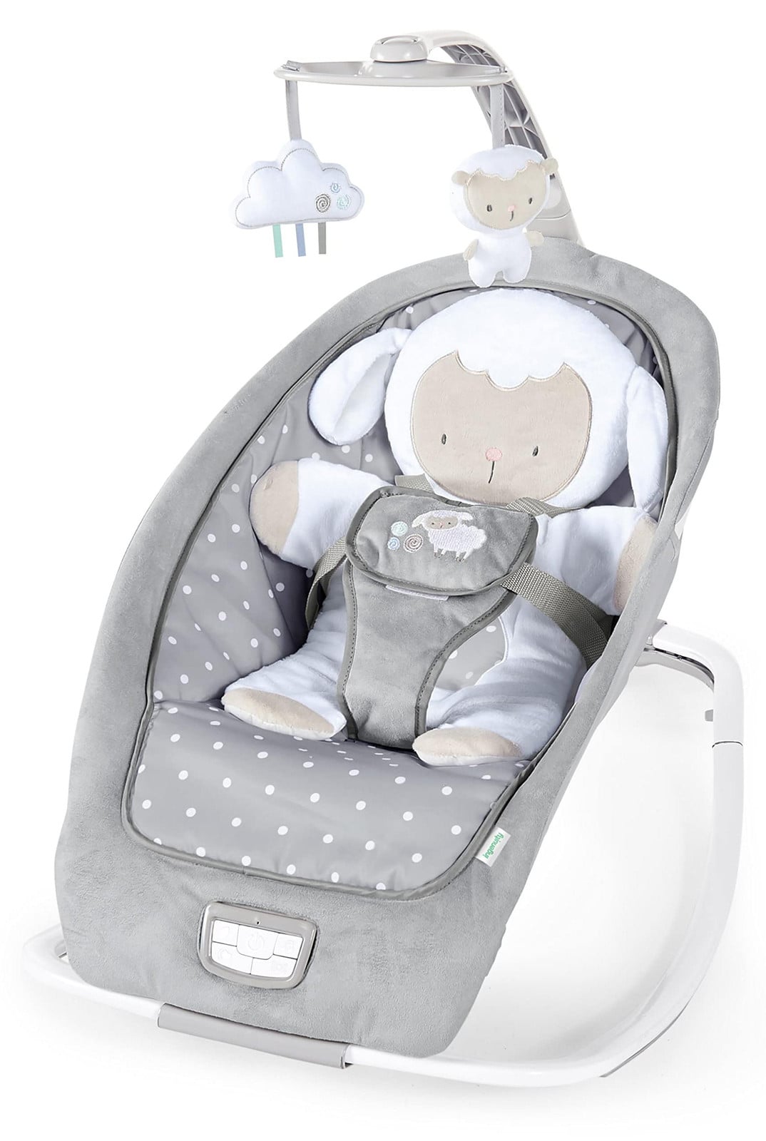 Ingenuity Foldable Baby Rocker Little Sheep met vibraties, geluiden en speelboog