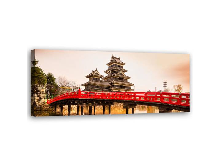 Feeby Wandbild japanische brücke und schloss matsumoto, Grau, Orientalisch, Rechteckig, 90x30 cm, Bilder & Rahmen, Bilder, Leinwandbilder