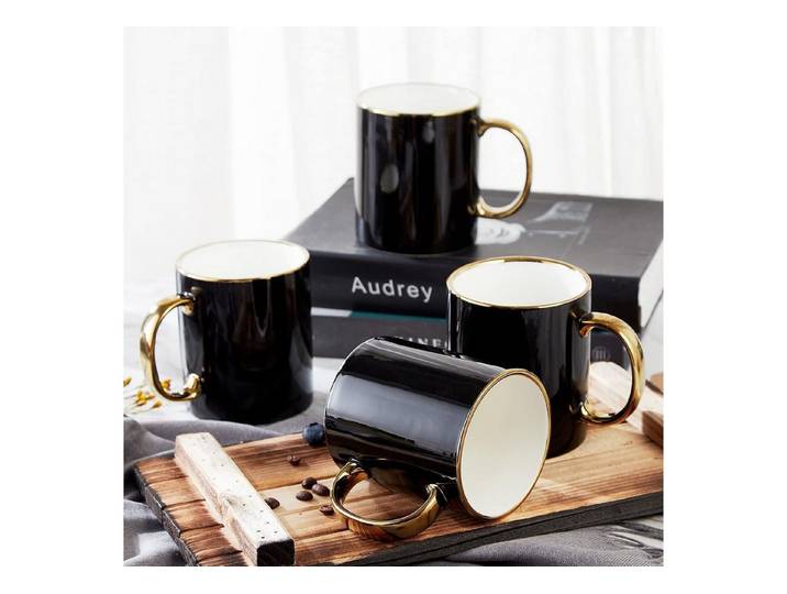 LuxusKollektion Tasse Schwarzes Kaffeetassen Set 4er 470ml handgefertigte goldene, Keramik
