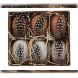 Decoris 6 Ostereier zum Aufhängen 4x6cm echte gesprenkelte Hühnereier ausgeblasen mit Perlhuhn Feder Osterdeko Deko Eier Hängend Hängedeko Frühlingsdeko