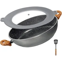 STONELINE Set 28cm Servierpfanne MIG und Pfannenwender, Holzoptik mit Multifunktionsglasdeckel