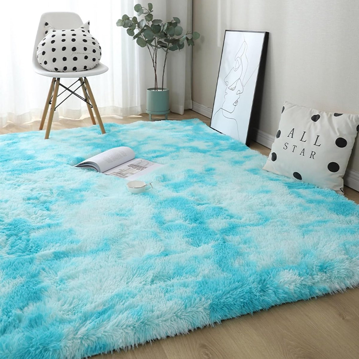 Blauw Shaggy Gangloper Tapijt voor Woonkamer en Hal, Rechthoekig