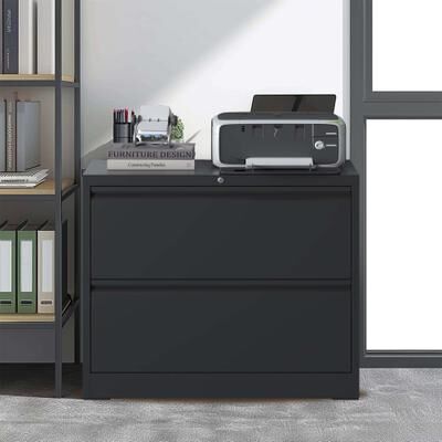 DEVERA Lateral File Cabinet 2 Drawer, Black Filing Cabinet with Lock