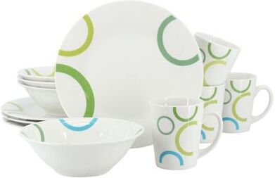 Gibson Home Green Loops 12 Piece Round Fine Ceramic Dinnerware Set in White